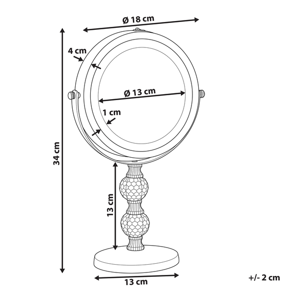 Technische Zeichnung eines Kosmetikspiegels mit Maßangaben