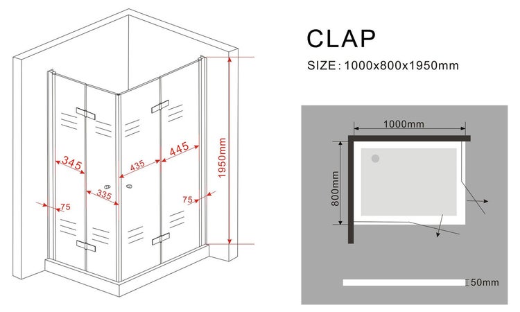 Technische Zeichnung einer Duschkabine mit Maßangaben