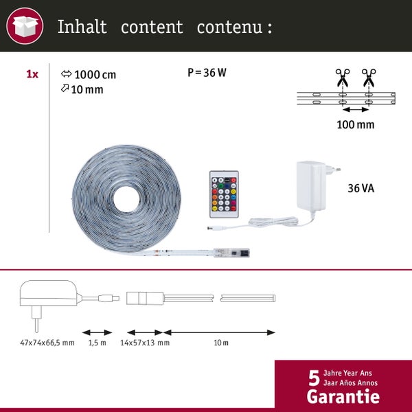Packungsinhalt: LED-Streifen, 1000 cm lang, 10 mm breit, Leistung 36 Watt, inklusive Fernbedienung, Netzteil und Anleitung zum Kürzen alle 100 mm. Fünf Jahre Garantie.