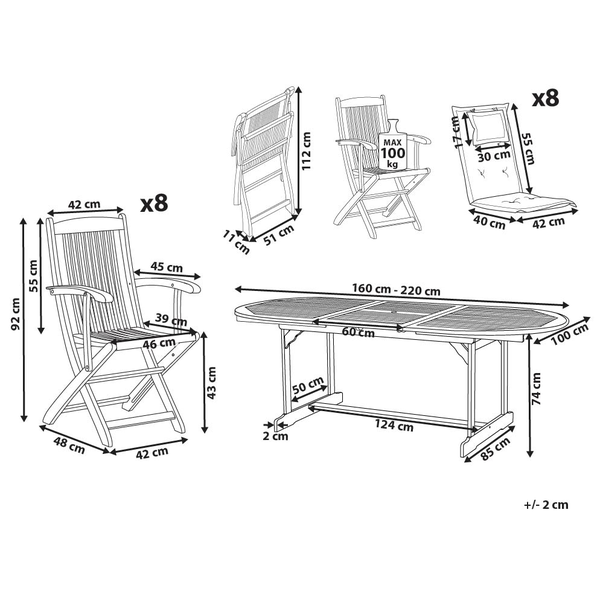 Maßzeichnung Gartenmöbel-Set: 8 Klappstühle, 8 Sitzauflagen, ausziehbarer Tisch. Maße in Zentimeter und Belastbarkeit bis 100 Kilogramm.