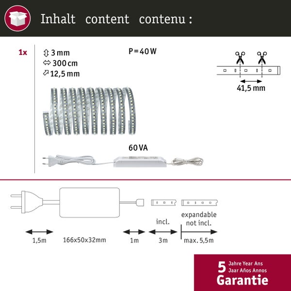 Inhalt: LED Band mit 3 Millimeter, 300 Zentimeter Länge und 12,5 Millimeter Breite