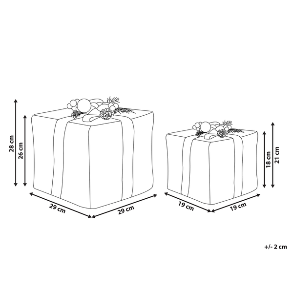 Abbildung von zwei Geschenkboxen mit Schleife und Dekoration, Größenangaben in Zentimetern