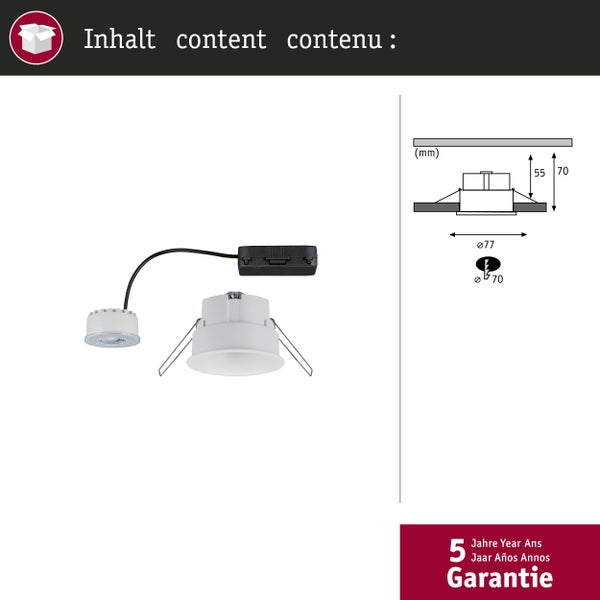 Einbaustrahler mit LED-Modul, Anschlussbox und technischer Zeichnung der Einbaumaße sowie Symbol für fünf Jahre Garantie.