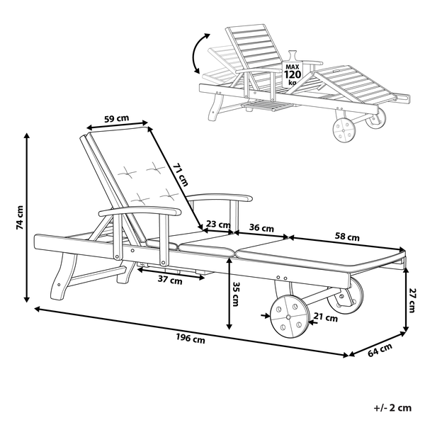 Gartenliege Akazienholz dunkelbraun Auflage rot rollbar AMANTEA