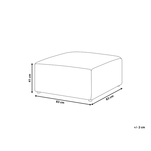 Skizze eines quadratischen Hockers: Höhe 41 Zentimeter, Breite 83 Zentimeter, Tiefe 83 Zentimeter. Toleranz plus minus 2 Zentimeter.