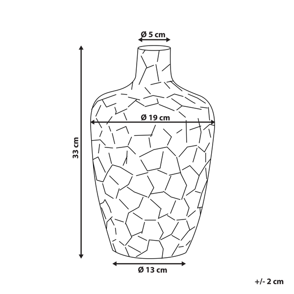 Skizze einer Vase mit Maßangaben: 33 cm hoch, 19 cm breit, Öffnung 5 cm Durchmesser, Basis 13 cm Durchmesser