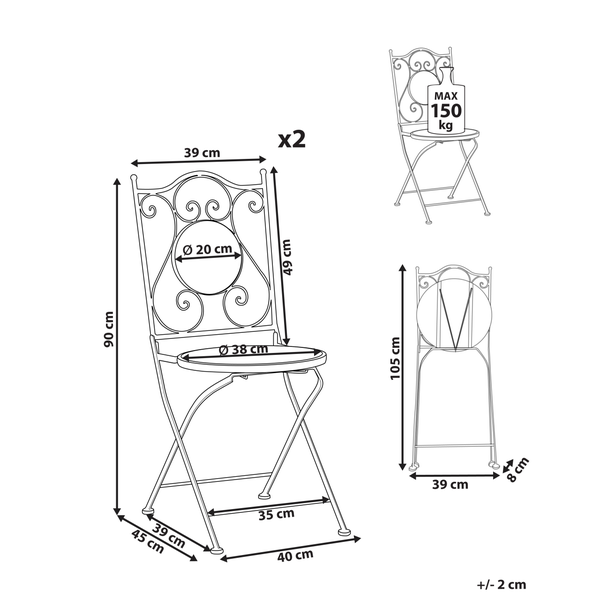 Maßskizze für 2 Metall-Klappstühle mit Ornamenten. Höhe 90 Zentimeter, Sitzdurchmesser 38 Zentimeter. Belastbarkeit pro Stuhl maximal 150 Kilogramm.