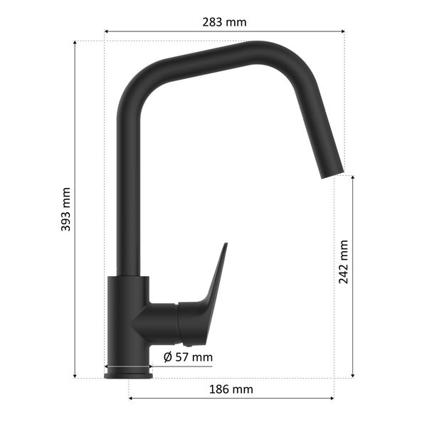Schwarze Küchenarmatur mit herausziehbarer Brause und Mistmaier Logo auf der Verpackung