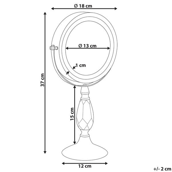 Abmessungen Kosmetikspiegel mit einem Durchmesser von 18 cm, Spiegelfläche Durchmesser 13 cm, Höhe 37 cm
