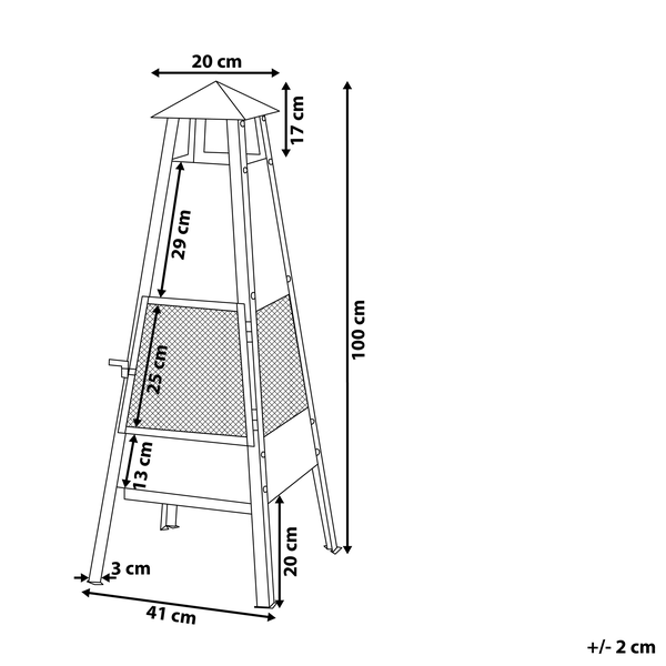 Maßzeichnung eines pyramidenförmigen Gartenkamins mit Abmessungen: Gesamthöhe 100 Zentimeter, Breite 41 Zentimeter.