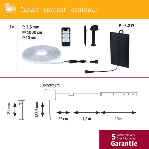 Inhalt: LED Lichtschlauch mit 3,5 Millimeter Durchmesser, 1000 Zentimeter Länge, 10 Millimeter Breite, Fernbedienung, Erdspieß und Solarpanel mit 3,2 Watt Leistung sowie Maßangaben und fünf Jahre Garantie