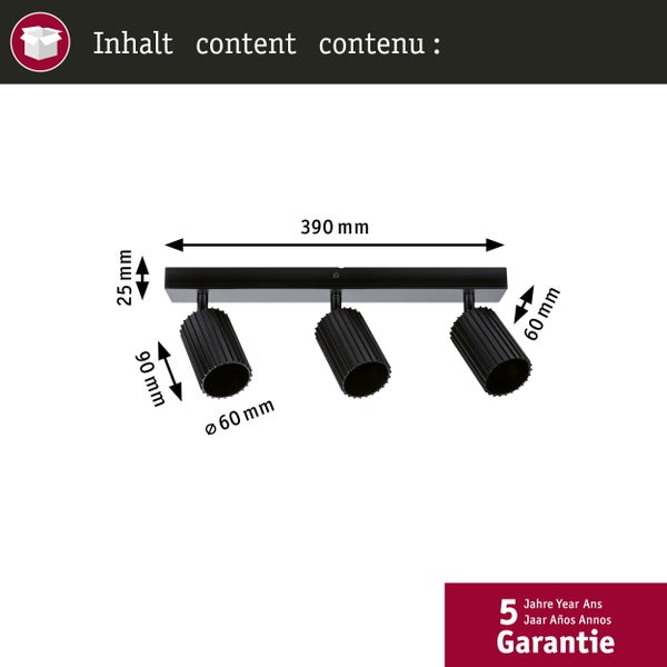 Abmessungen einer Deckenleuchte mit drei Strahlern