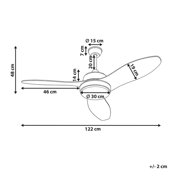 Technische Zeichnung eines Deckenventilators mit 3 Flügeln: Breite 122 Zentimeter, Höhe 48 Zentimeter, Lampendurchmesser 30 Zentimeter.
