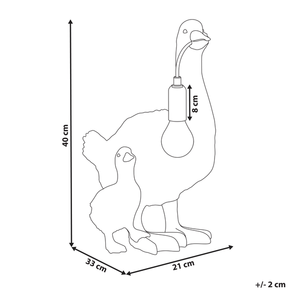 Abmessungen der Gänse Lampe mit einer Höhe von 40 cm, einer Breite von 33 cm und einer Tiefe von 21 cm.