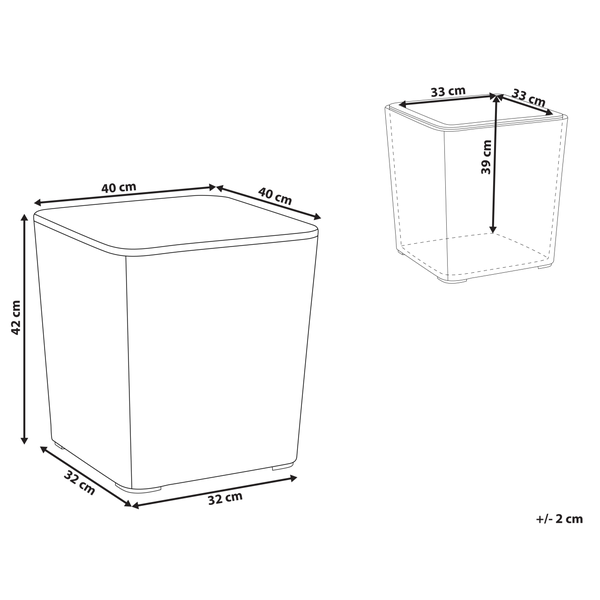 Abmessungen eines Abfallbehälters, circa 42 x 40 x 32 cm