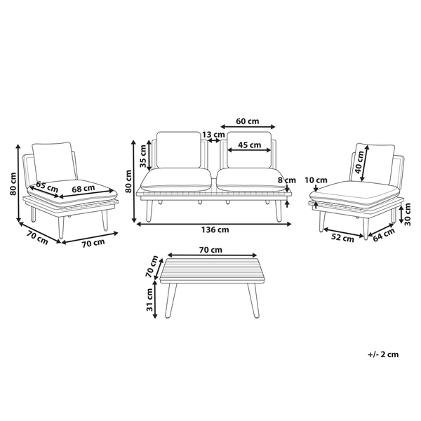 Abmessungen der Gartenmöbelgruppe