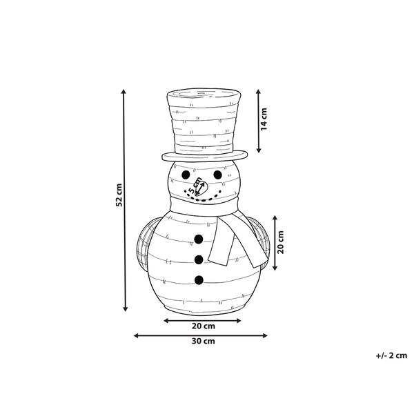 Abbildung eines Schneemanns mit den Maßen 52 cm Höhe, 30 cm Breite und 14 cm Hut-Höhe.