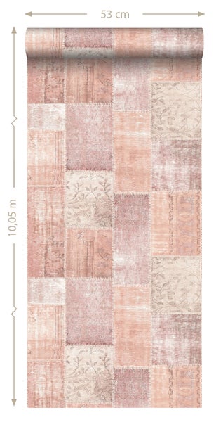 ESTAhome Tapete orientalisches-Marrakech Kelim-Patchwork Pfirsichorange Rosa - 53 cm x 10.05 m - 148651