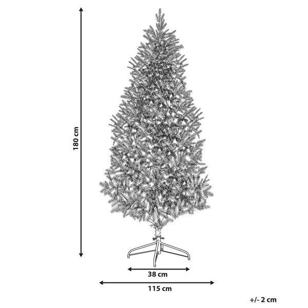 Abbildung eines 180 cm hohen künstlichen Weihnachtsbaums mit einem Durchmesser von 115 cm.