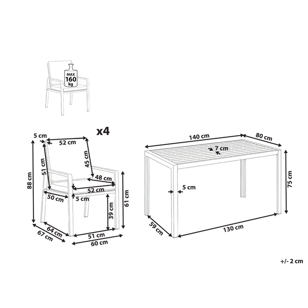 Abmessungen Gartentisch und Gartenstühle