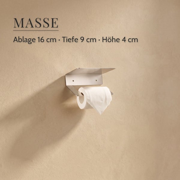 Wandmontierter Toilettenpapierhalter aus Metall mit Ablagefläche, Maße sechzehn mal neun mal vier Zentimeter, inklusive Toilettenpapierrolle.