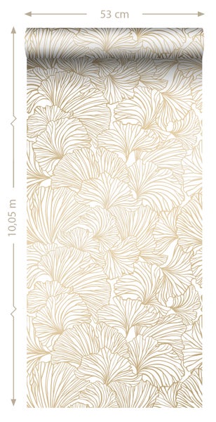 ESTAhome Tapete Ginkgoblätter Weiß und Gold - 53 cm x 10.05 m - 139614