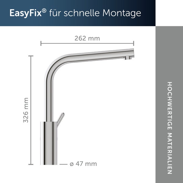Technische Zeichnung einer Waschtischarmatur mit Massangaben von 326 mm Hoehe, 262 mm Ausladung und 47 mm Durchmesser.