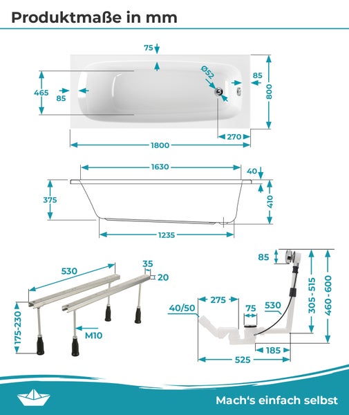 Technische Zeichnung einer Badewanne mit Maßangaben in Millimetern, inklusive höhenverstellbaren Standfüßen und Ablaufgarnitur.