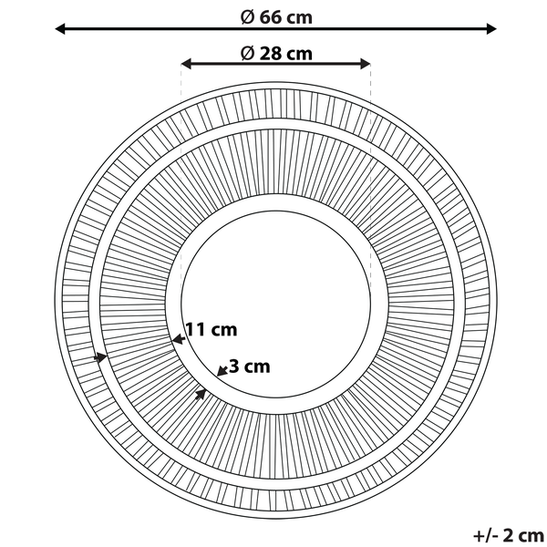 Technische Zeichnung eines runden Spiegels mit den Maßen 66 Zentimeter Durchmesser und 28 Zentimeter Spiegeldurchmesser