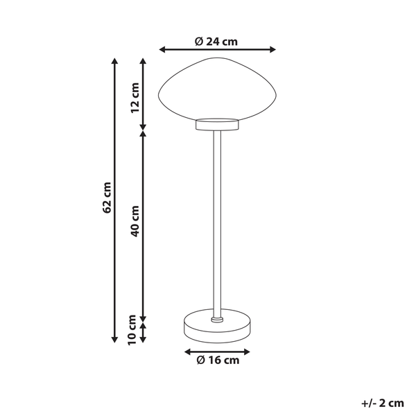 Maße der Stehlampe: Gesamthöhe 62 cm, Schirmdurchmesser 24 cm, Fußdurchmesser 16 cm