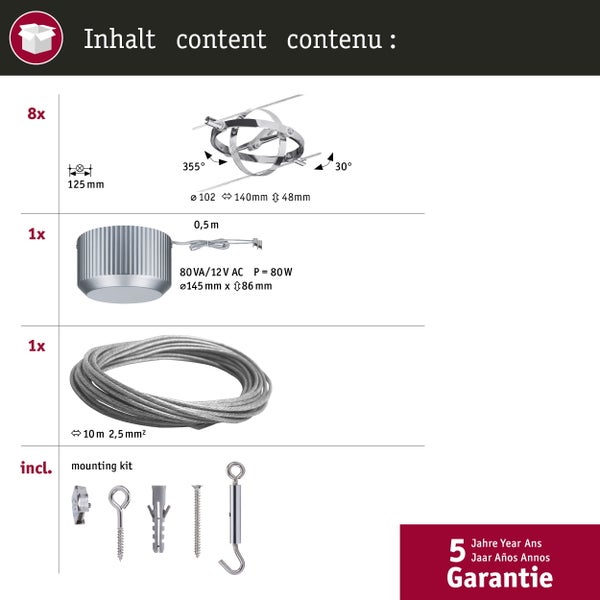 Seilsystem Cardan Basisset GU5,3 max. 8x10W dimmbar 230/12V Chrom matt, Chrom