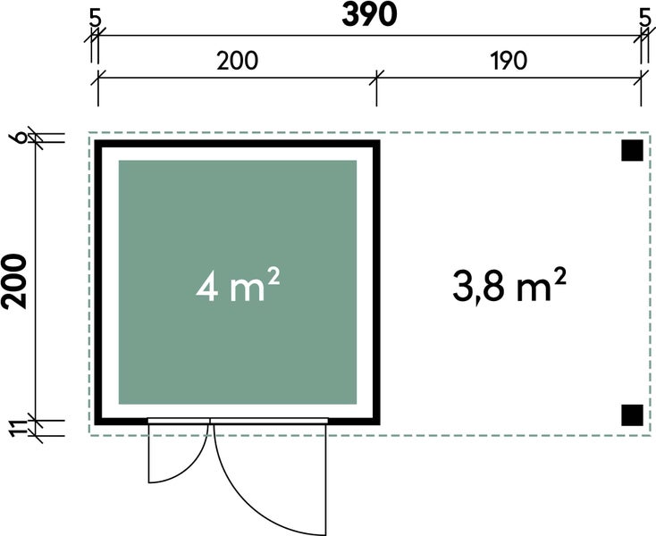 Grundriss eines Gartenhauses mit vier Quadratmeter Innenraum und einer drei komma acht Quadratmeter großen Terrasse.