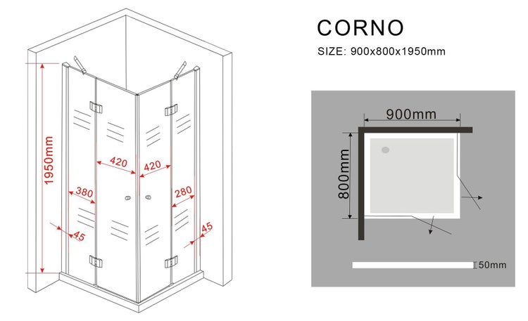 Technische Zeichnung einer Eckdusche mit den Maßen 900 x 800 x 1950 Millimeter.