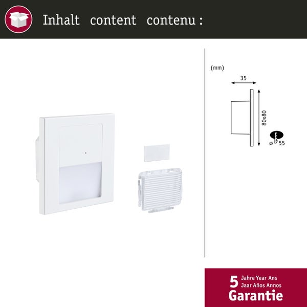 LED Wandeinbauleuchte Tsaro eckig 80x36mm 1W 80lm 230V 2700K Weiß matt