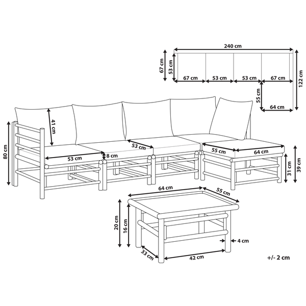 Garten Ecksofa mit Tisch 5-Sitzer CERRETO linksseitig Bambusholz Taupe