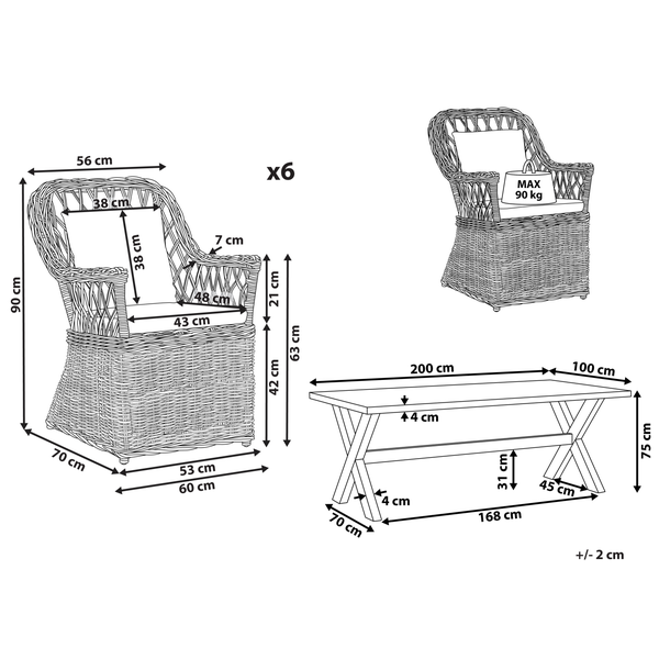 Abmessungen von sechs Korbsesseln und einem Holztisch