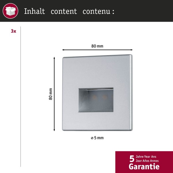 Set LED Wandeinbauleuchte Edge 3er-Set eckig 80x5mm 3x1,2W 3x50lm 230V 2700K Chrom matt