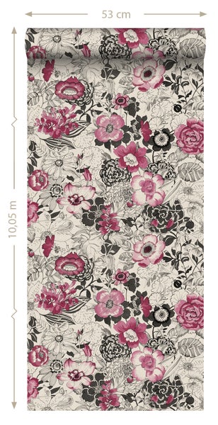 ESTAhome Tapete Blumen Dunkelrot und Beige - 53 cm x 10.05 m - 138505