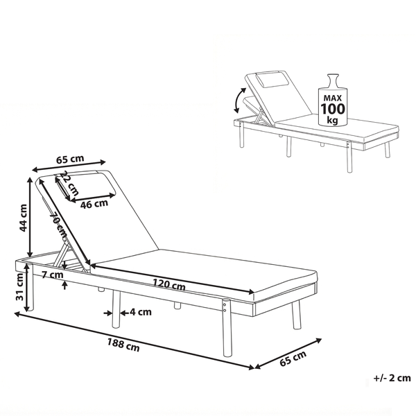 Technische Zeichnung einer Liege mit Maßen und Hinweisen zur maximalen Belastbarkeit.