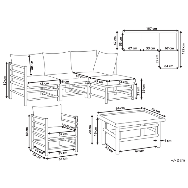 Maße einer Gartenmöbelgruppe mit Sofa, Sessel und Tisch