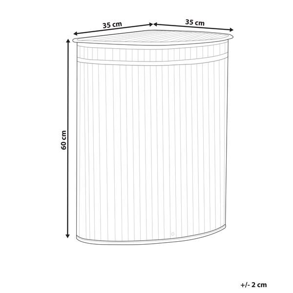 Eck-Wäschekorb mit Maßen: Höhe 60 Zentimeter, Breite 35 Zentimeter, Tiefe 35 Zentimeter, Toleranz plus minus 2 Zentimeter.