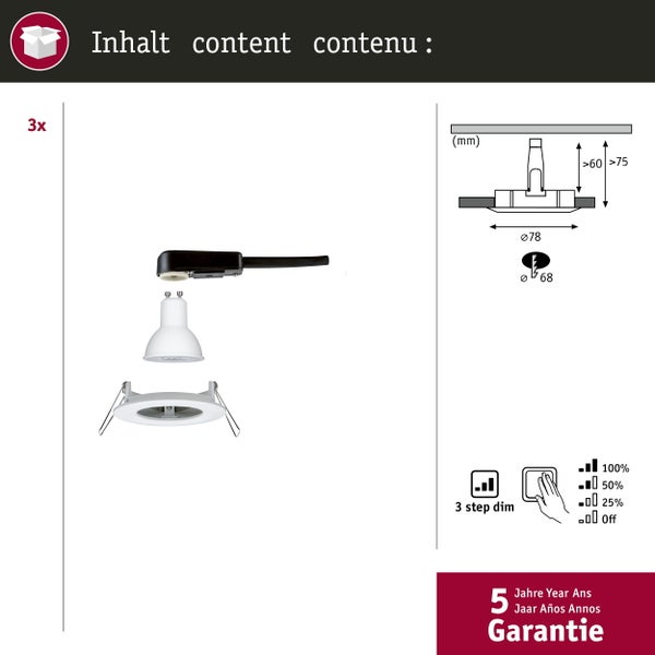 LED Einbauleuchte 3-Step-Dim Nova Basisset starr IP44 rund 78mm GU10 3x6,5W 3x460lm 230V dimmbar 2700K Weiß matt