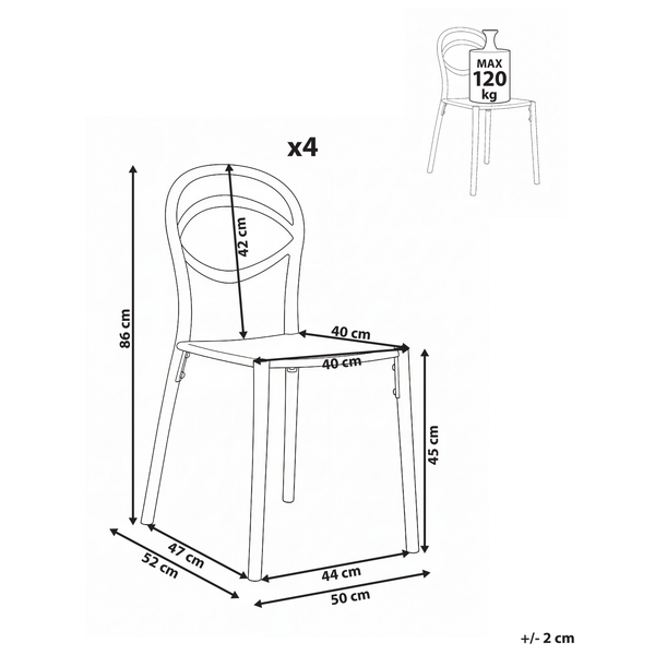 Abbildung der Abmessungen eines Stuhls im Viererpack mit einer maximalen Belastbarkeit von 120 Kilogramm.