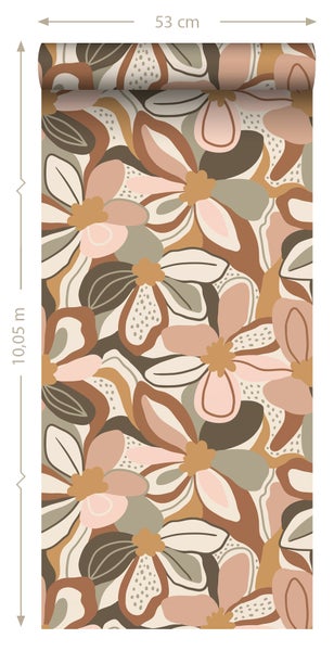 ESTAhome Tapete Blumenmuster Terrakotta und Hellrosa - 50 x 900 cm - 139629