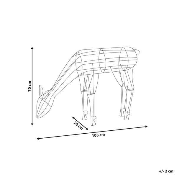 Abbildung der Abmessungen einer Hirschfigur, 70 cm hoch und 103 cm breit