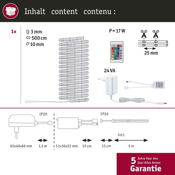 Abbildung des LED-Streifens mit technischen Daten und Garantieinformationen.