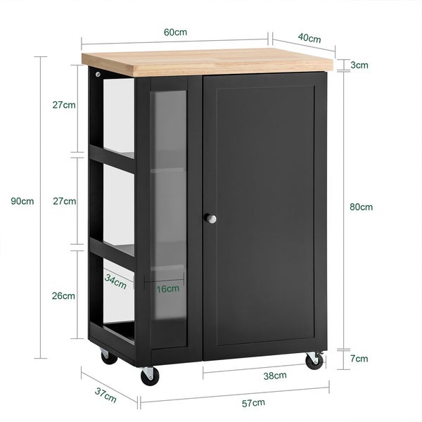 Servierwagen mit Holzplatte, Tür und Rollen mit den Maßangaben