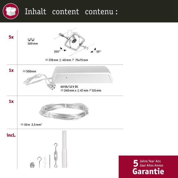 CorDuo Seilsystem Mac II Basisset GU5,3 max. 5x10W 230/12V Chrom matt