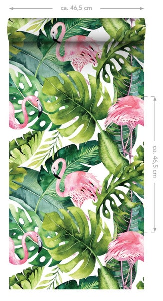 ESTAhome XXL-Vliestapete tropische Blätter mit Flamingos Grün und Rosa - 50 x 900 cm - 158895