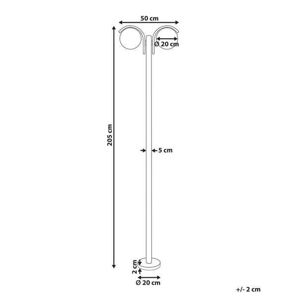 Technische Zeichnung einer Stehlampe mit den Maßen 205 cm Höhe und 20 cm Durchmesser.